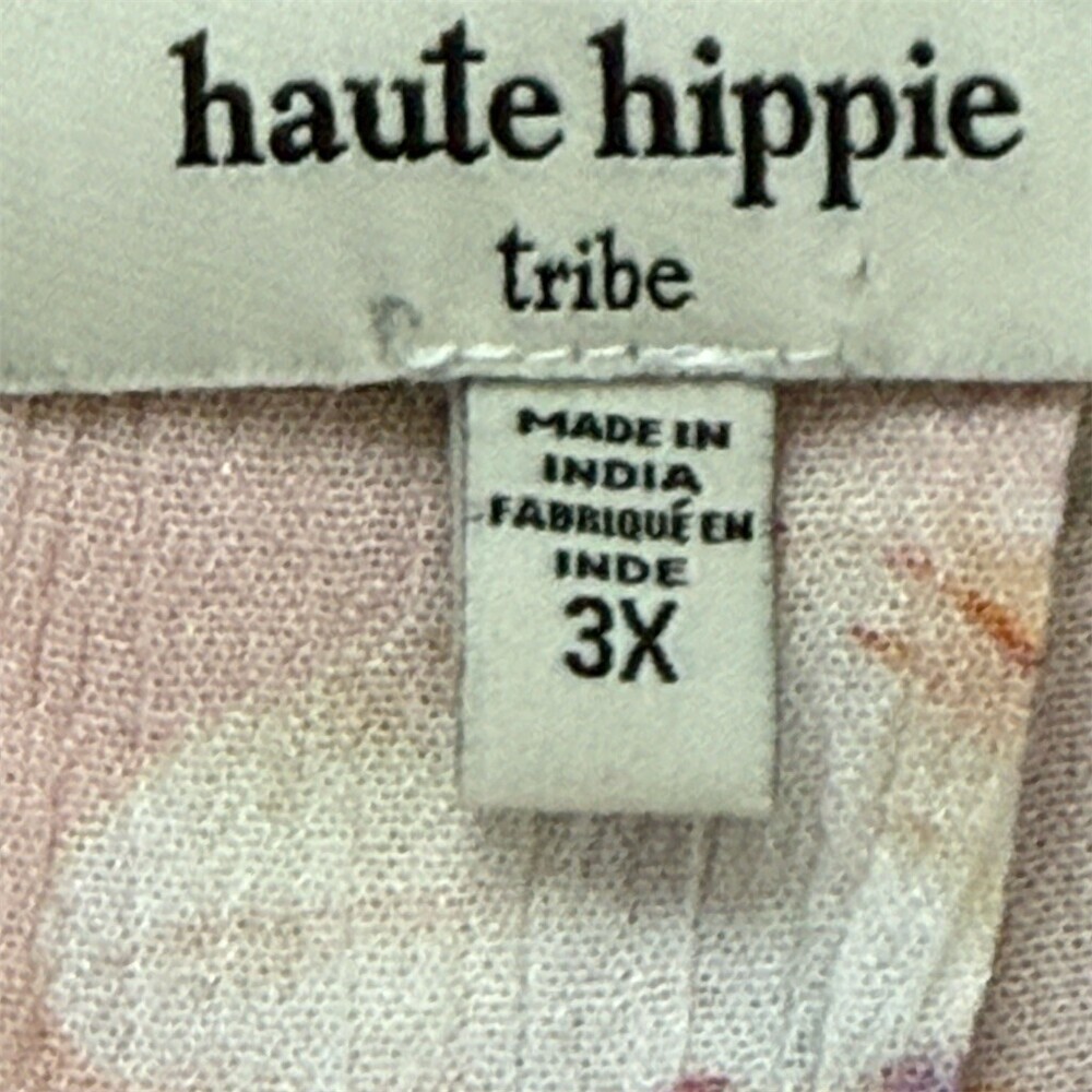 Haute Hippie Tribe Blouse 3X Pink Floral Ruffle Tie-Neck Boho Peasant Cottage - Picture 5 of 8